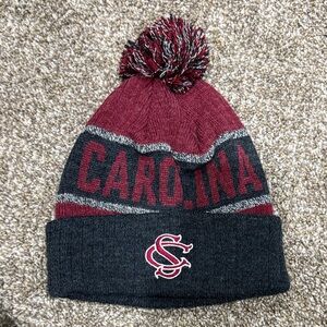 Maroon and Gray Knit Beanie with Pom
